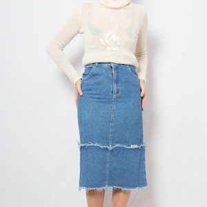 Vintage High Waisted Denim Midi Skirt Raw Fringed Hem Y2K Grunge Retro Style Size XS Gift
