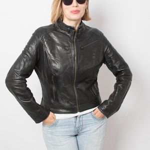 90s Black Moto Jacket Crop Leather Jacket Rock Biker Jacket Size M Gift for Girlfriend