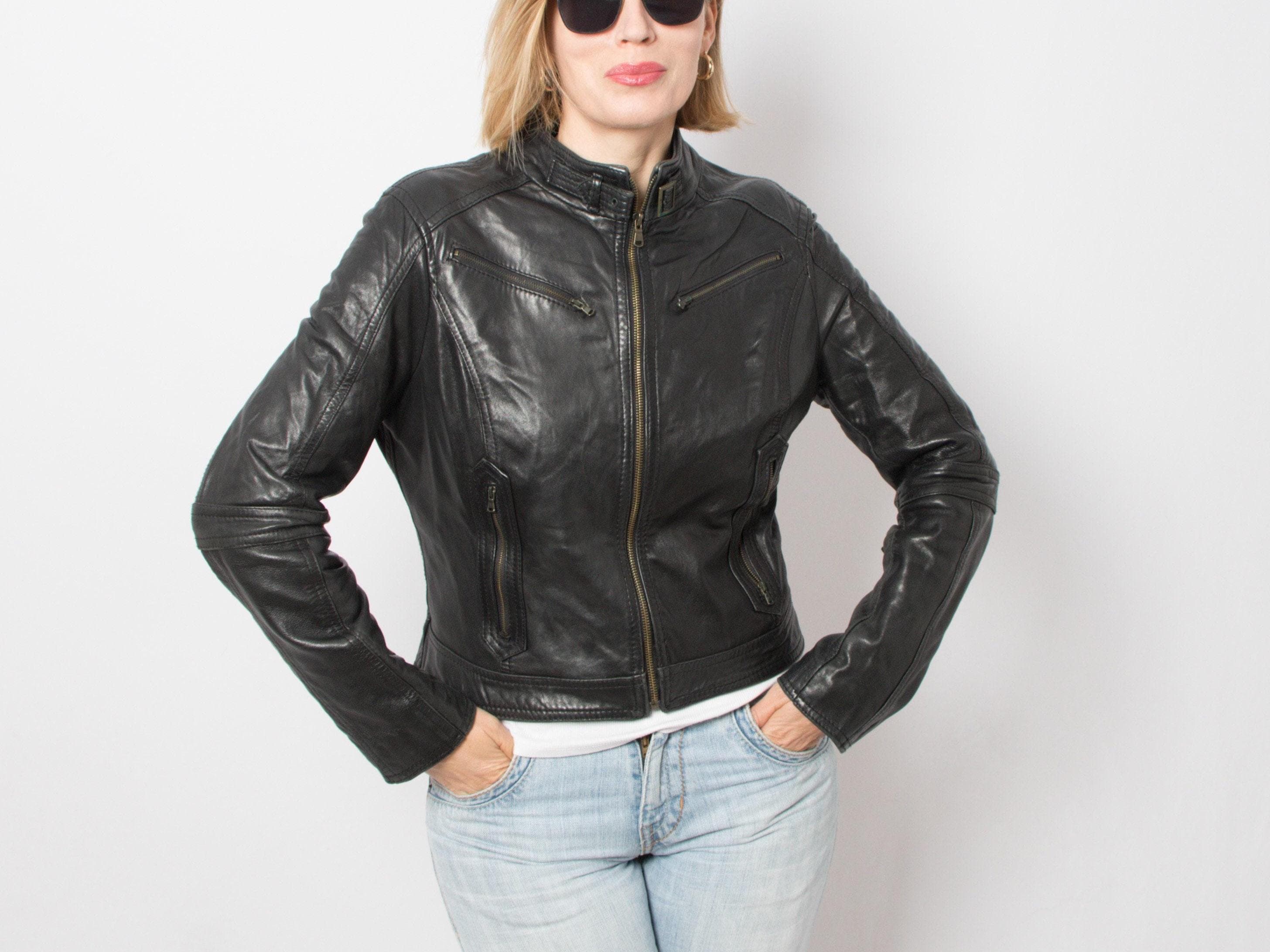 90s Black Moto Jacket Crop Leather Jacket Rock Biker Jacket Size M