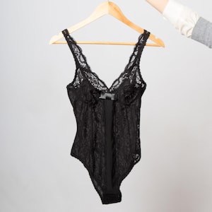 Vintage Sexy Black Lace Bodysuit See Through with Satin Bow Size M USA 38 EU 85 Cup B gift for girlfriend