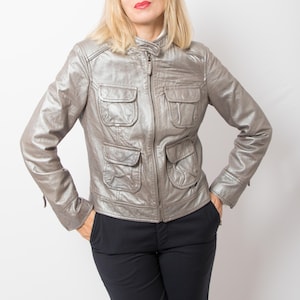 BODEN Y2K Silver Metallic Leather Jacket Racing Biker Moto Jacket Size M Gift for Girlfriend