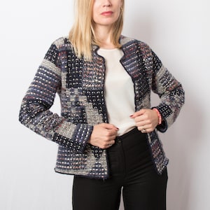 Vintage Bouclé Patchwork Blazer Collarless Boxy Fit Tweed Style Statement Jacket Size M Gift for Girlfriend Wife