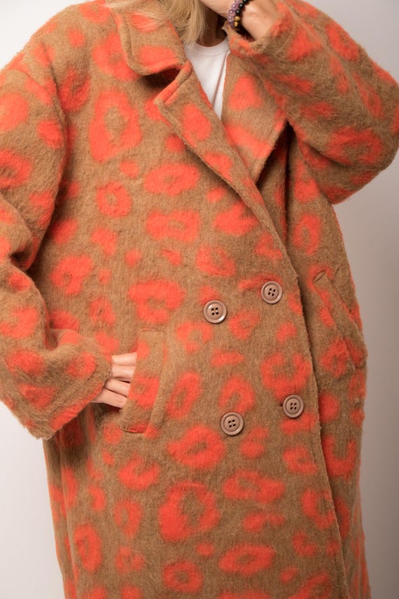 Y2K Abstract Leopard Print Coat Oversized Wool Bl… - image 8