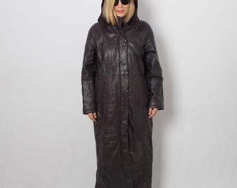 Vintage Maxi Hooded Leather Coat Purple Size M Gift for Girlfriend Wife