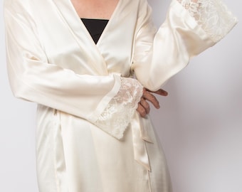 Vestaglia vintage in seta color avorio per matrimonio, regalo di nozze per la luna di miele, taglia M