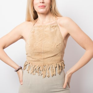Vintage suède haltertop met franje – echt leer – boho-westernfestivalstijl – verstelbare achterkant Cadeau voor vriendin