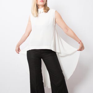 STATEMENT White High Low Blouse with Pleated Train Bridal Top Wedding Shirt Formal Blouse Minimalist Size L Gift for Girlfriend Daughter