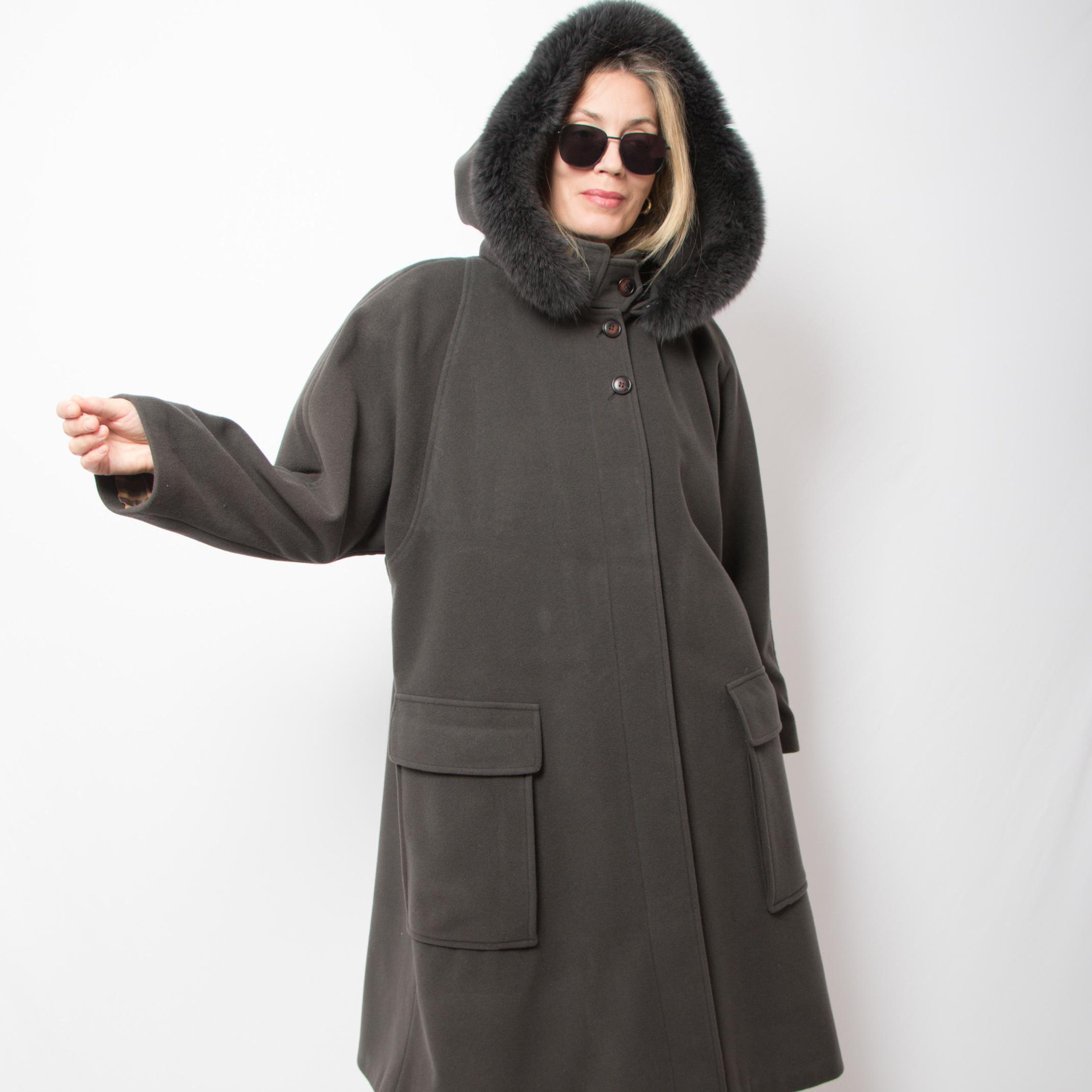 Vintage CIRSTEIN Cashmere Wool Hooded Coat Fox Fur Trim Size L