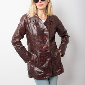 Vintage Burgundy Leather Jacket Blazer Double Breasted 70s Style Size M Gift for Girlfriend