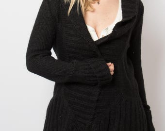 Cardigan cocon noir vintage en mohair ouvert sur le devant en tricot chaud flouté, taille M, cadeau pour petite amie