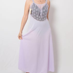 Vintage Lilac Sheer Negligee with Embroidered Floral Lace Trim Romantic Maxi Nightgown Size M Gift