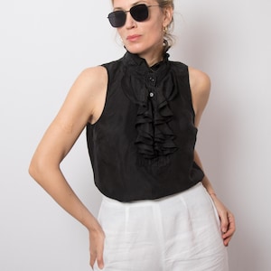 Vintage Black Silk Ruffle Blouse Sleeveless High Neck Romantic Gothic Charm Victorian Inspired Size M
