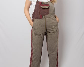 Vintage Patchwork Dungarees Earth Tone Striped Overalls Boho Workwear Jumpsuit Size M
