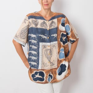 Chemise boutonnée surdimensionnée bohème vintage des années 90, imprimé tribal, tons terreux, taille XL, cadeau