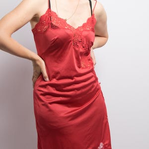 Vintage Full Slip Nylon Dress Satin Lingerie Nightie with Side Slit Bow Romantic Coquette Style Size M