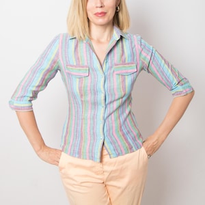 Vintage Nara Camicie Rainbow Striped Linen Shirt Small Size