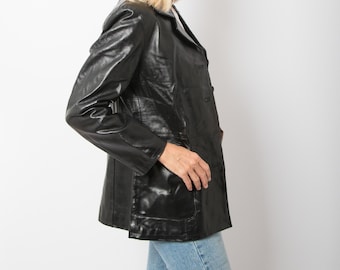 Vintage Black Leather Blazer Italian Slim fit Jacket Grunge Fashion Size M Gift for Girlfriend Wife