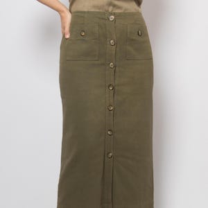 90s Khaki Button Front Skirt Long Size M Gift for Girlfriend