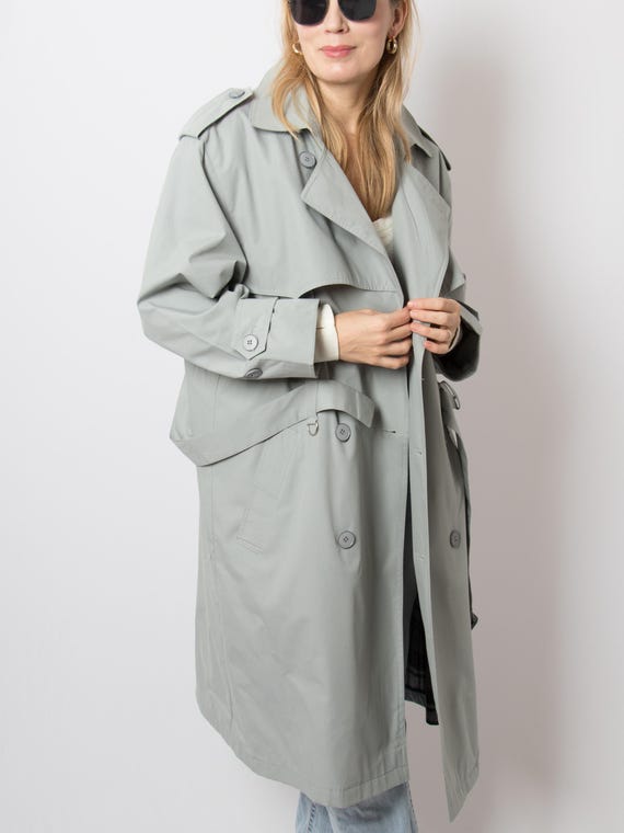 Vintage 90s Sage Grey Trench Coat with Removable Lining UNISEX