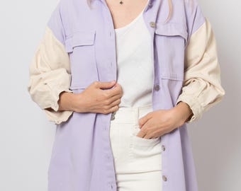 Oversized Colorblock Denim Shirt Jacket Lavender Cream Longline Shacket Size M