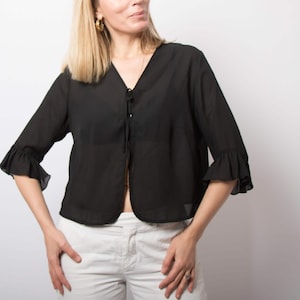 Vintage Sheer Black Tie-Front Blouse Jacket Ruffle Sleeve Chiffon Layering Piece Size M