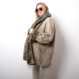 ORIGINAL Vintage Shearling Jacket Grey Oversize Suede Sheepskin Coat Thick long sheep fur hair Large Size