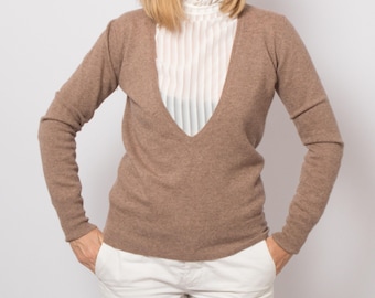 Maglione vintage in cashmere marrone ROBERTO COLLINA da donna con scollo a V profondo, taglia media