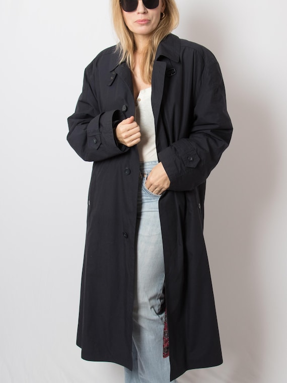 Vintage Navy Oversized Trench Coat with Removable Patterned Lining Size L / XL UNISEZ