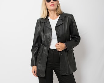 Vintage Black Leather Blazer Jacket Timeless Power Dressing Size M Gift for Girlfriend Wife Partner
