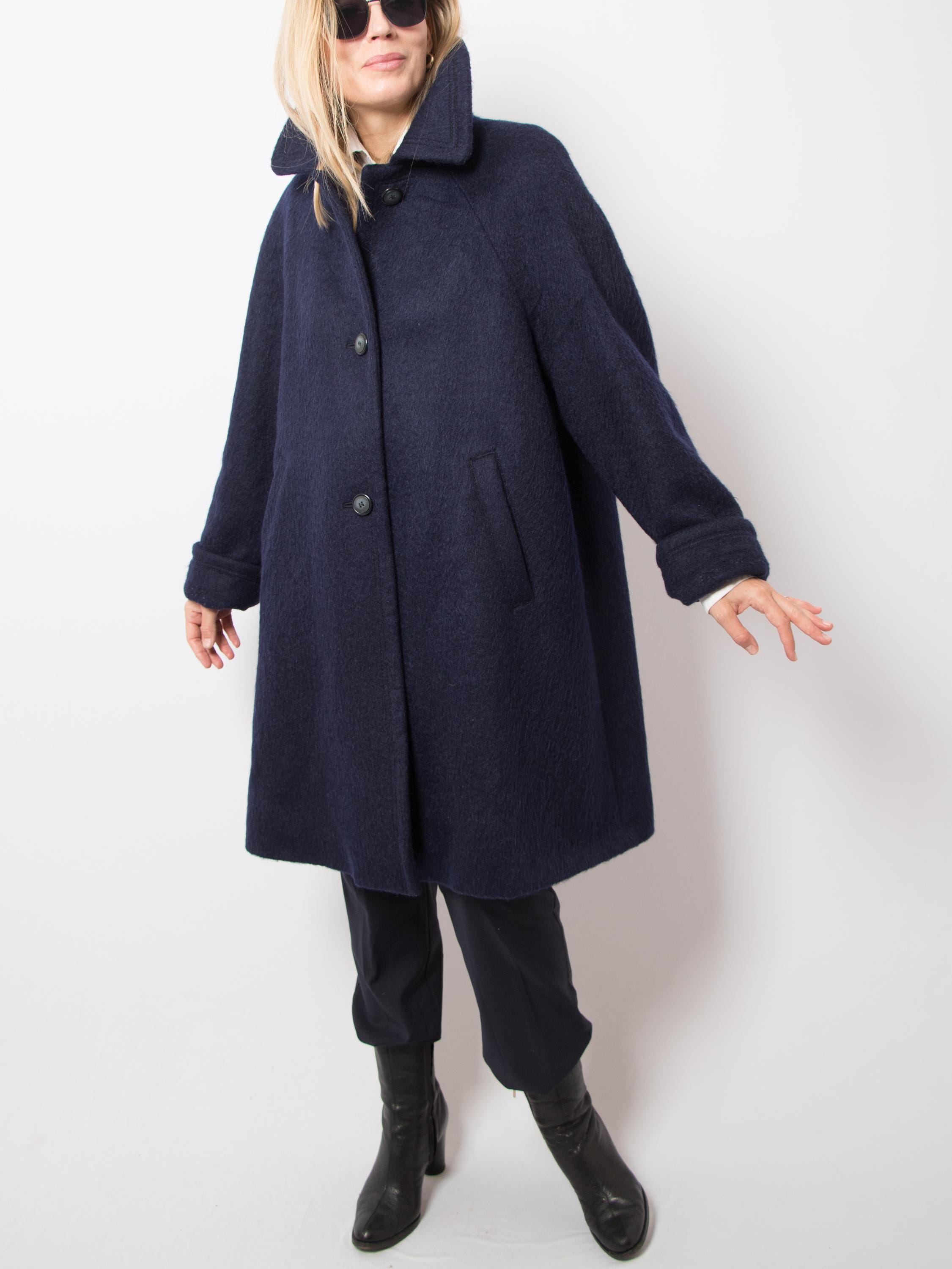 ニットコート vintage kid mohair coat Vintage MERLET Mohair Wool Swing Coat Size M Blue Fuzzy Textured