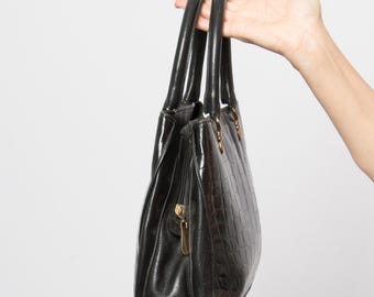 Vintage Enrico Vivalli Black Leather Handbag Made in Italy Croc