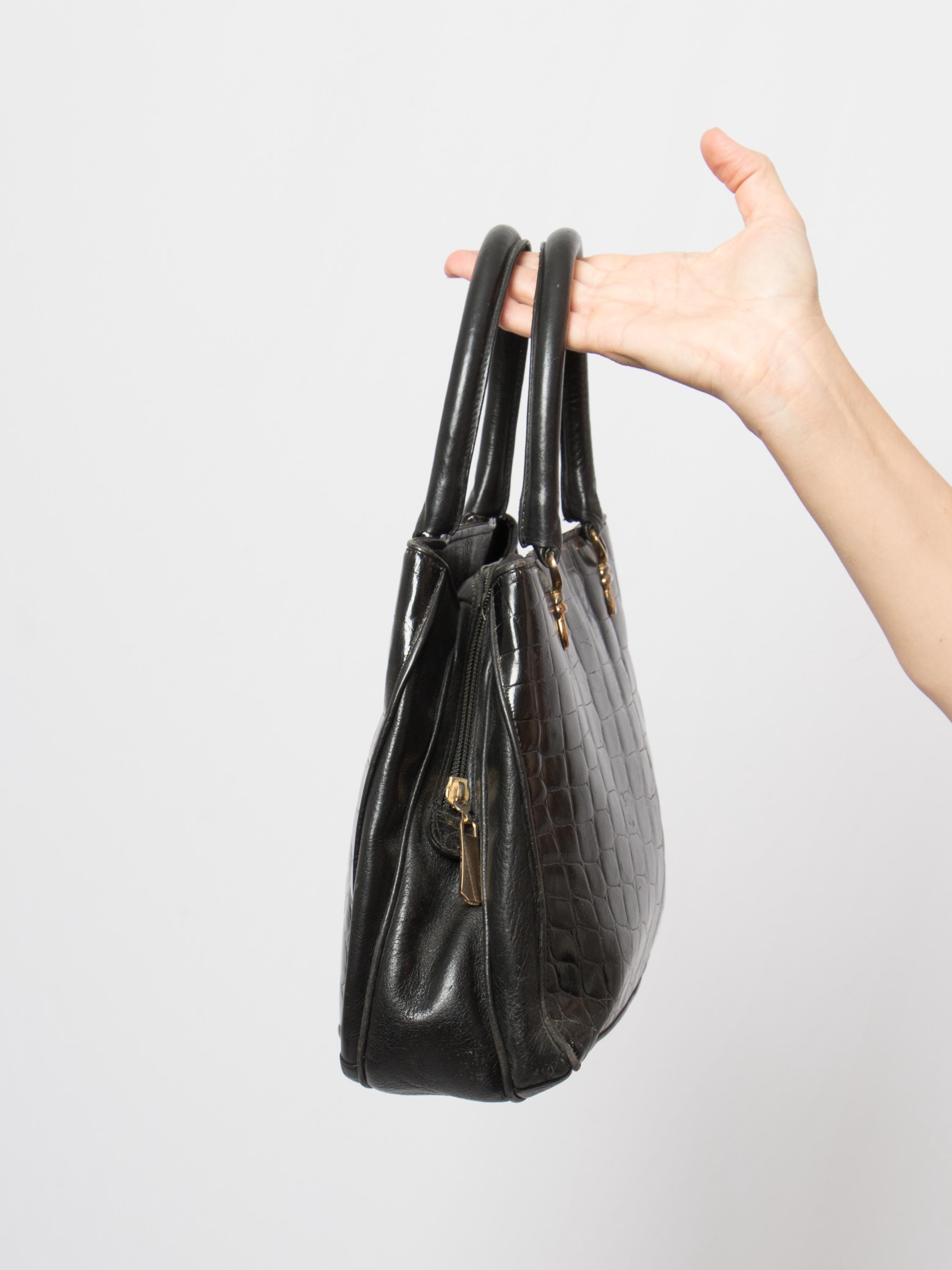 Vintage Enrico Vivalli Black Leather Handbag Made in Italy Croc