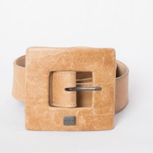Vintage ENTRÀ Tan Real Leather Belt with Oversized Square Buckle Made in Italy Y2K Statement Piece W32 -W37
