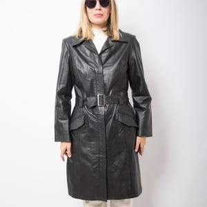 Vintage Black Leather Trench Coat Women Size M Gift for Girlfriend Normcore Style