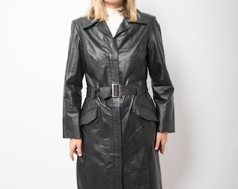 Vintage svart läder trenchcoat damstorlek M present till flickvän Normcore-stil