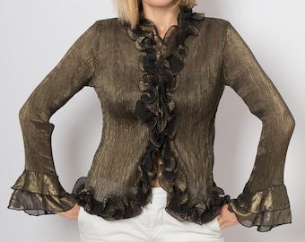 Vintage Gold Sheer Ruffle Blouse by NUOPAI Size M Silk blend