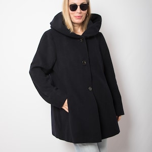 Vintage Hooded Wool Cashmere Coat Blue Car Coat Large Size Gift for Wife Girlfriend