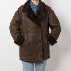 90s Shearling Jacket Double Breasted Sheepskin Jacket by RENE LEZARD Size L Gift for Wife