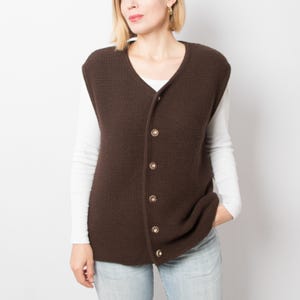 Vintage Brown Folk Vest Wool Sweater Vest Sleeveless Cardigan with Horn Buttons Size L Gift