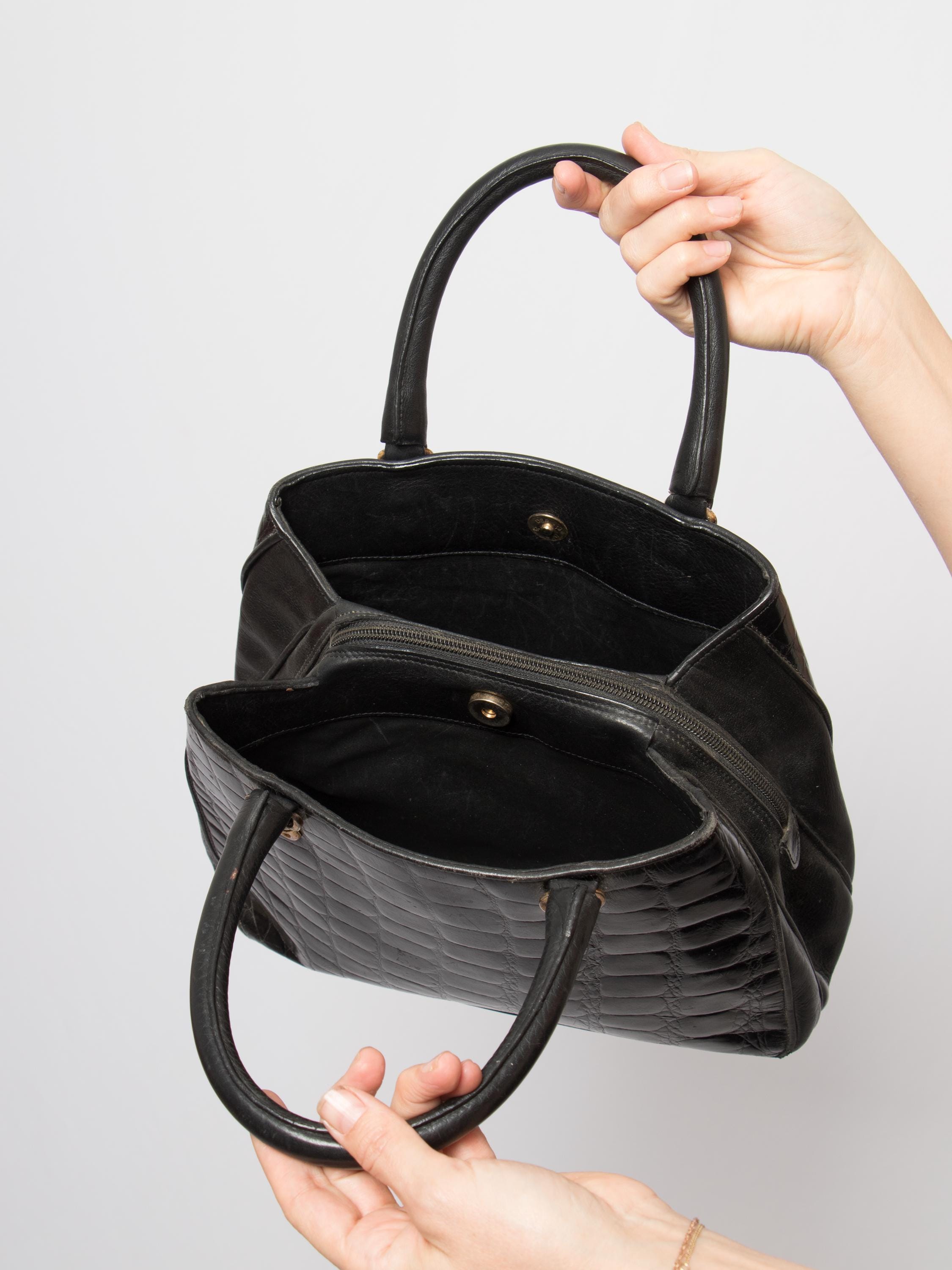 Vintage Enrico Vivalli Black Leather Handbag Made in Italy Croc