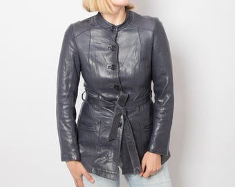 Vintage Belted Blue Leather Jacket Size XS Timeless Gift for Girlfriend Wife