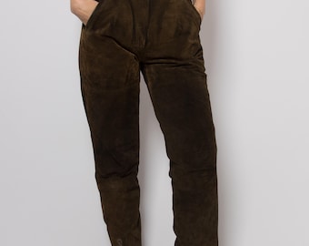 Pantaloni in pelle scamosciata da donna vintage, pantaloni tradizionali tedeschi, pantaloni alpini bavaresi ricamati, taglia S W27L30