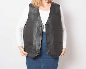 90s Black Leather Vest Biker Leather Vest Rocker Style Size L High Quality Gift for Boyfriend Husband
