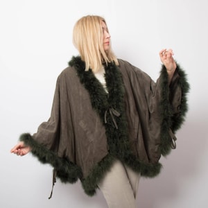 Vintage Dark Olive Velvet Feel Cloak with Ostrich Feather Trim Wide Sleeves Old Hollywood Glam fit Size M/L
