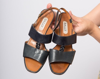 Vintage BALLY Dark Blue Leather Flat Sandals Casual Daily High Quality Made in Italy EU 39 USA 8.5 Uk 6.5 Gift