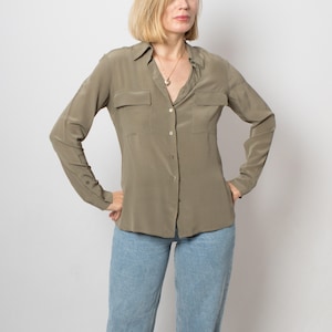 Vintage Khaki Shirt Real Silk Blouse Ladies Silk Blouse Women Office Shirt Size M Gift