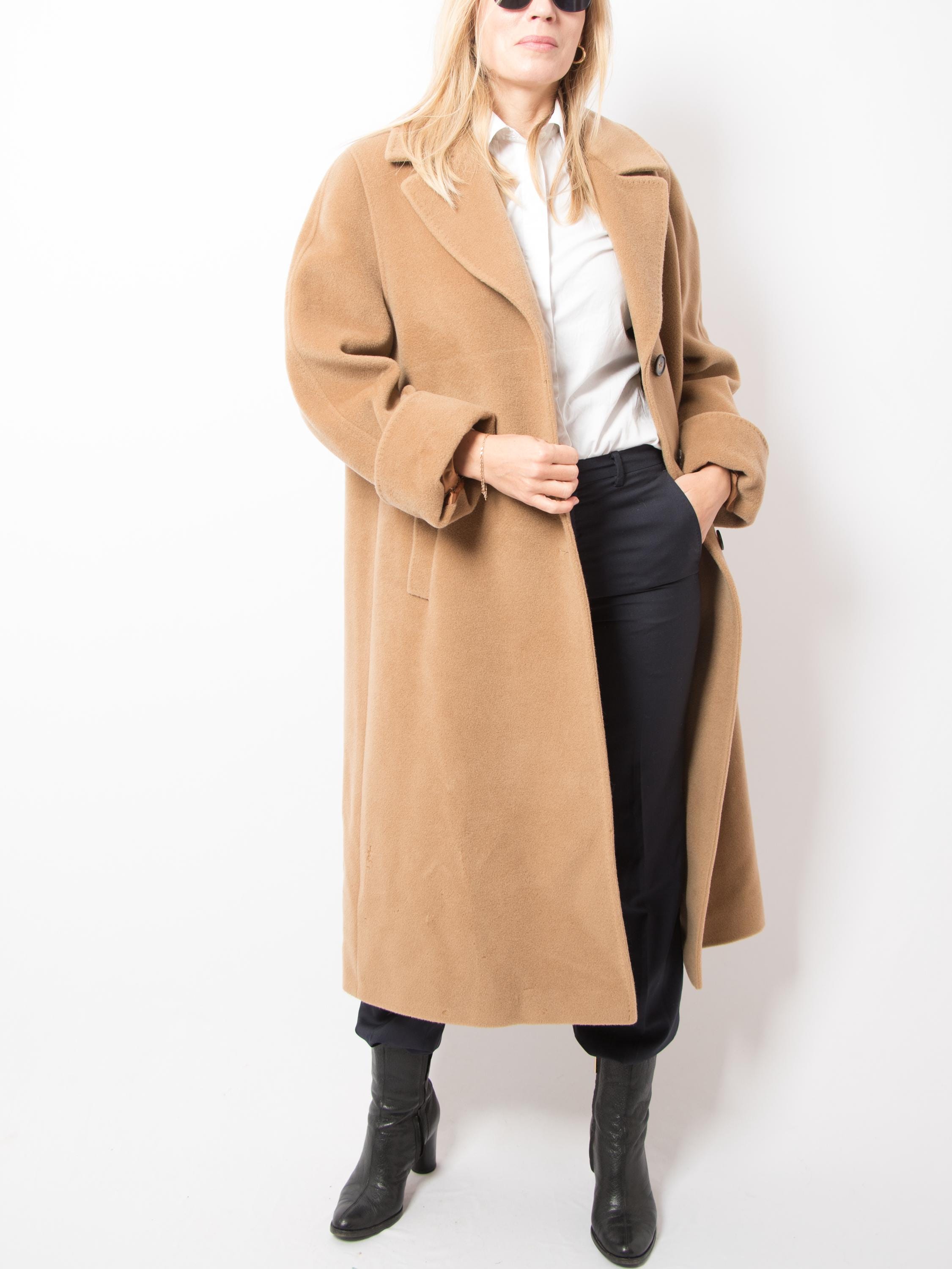 Vintage 90s Long Brown Wool Coat Classic Camel Color Size M/L