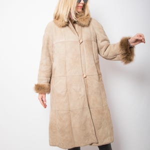 Vintage Suede Shearling Coat Real Sheepskin Fur Lining Boho Western Rustic Nordic Style Size M Gift for Girlfriend