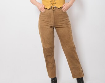 Vintage bruine suède broek Lederhosen suède damesbroek W25, maat XS cadeau