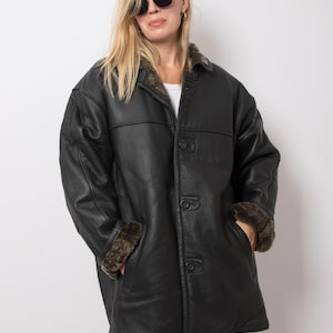 Vintage zwarte leren jas van schapenvacht Glam oversized schapenvacht jas maat XL/XXL Origineel cadeau